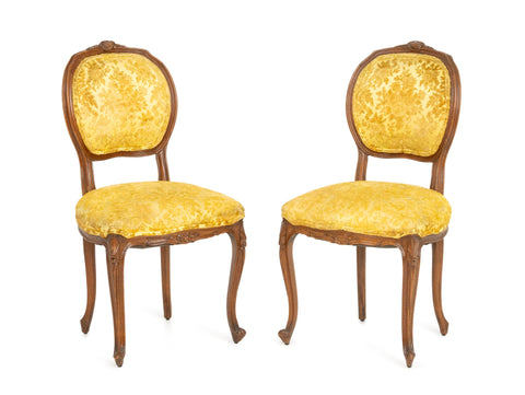 Louis XV Style Yellow Satin Walnut Chairs, Pair