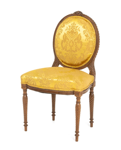 Louis XVI Style Yellow Silk Damask Upholstered Walnut Side Chair