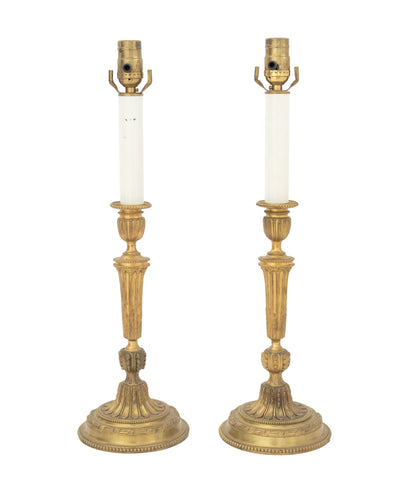 Pair of Louis XVI Style Gilt Brass Candlestick Lamps