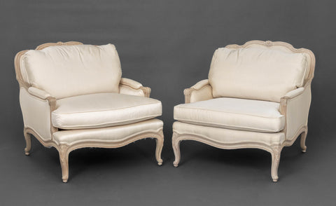 Louis XV Style White Upholstered Bergeres, Pair