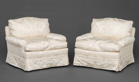White Silk Damask Upholstered Easy Chairs, Pair