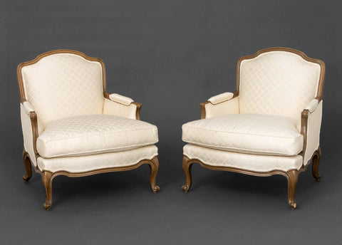 Louis XV Style Cream Upholstered Bergeres, Pair