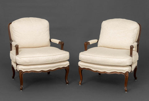 Louis XV Style Upholstered Walnut Bergeres, Pair
