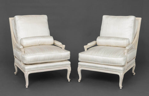 Louis XVI Style White Painted Fauteuils, Pair