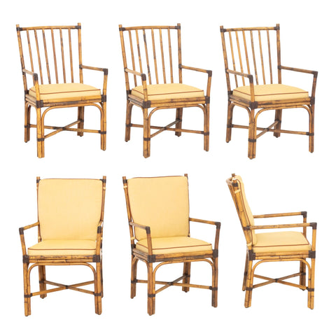 Set of Six Pierce Martin Modern Bamboo and Rattan Wrapped Arm Chairs