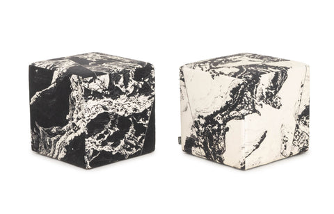 Pair of Unison Black Marble Upholstered Cube Ottomans