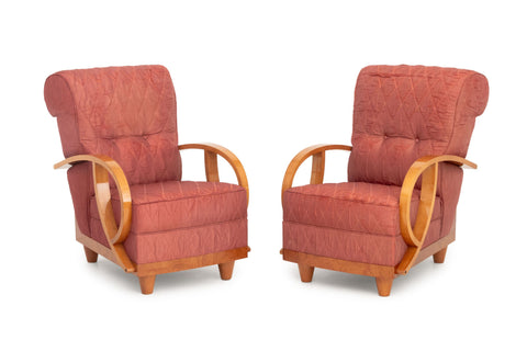 Pair of Art Deco Vintage Silk Upholstered Bentwood Armchairs