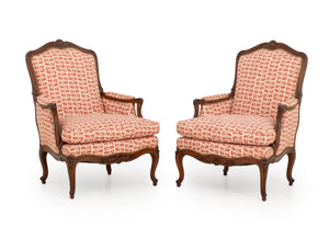 Pair of Louis XV Style Red and White Fabric Upholstered Walnut Bergeres