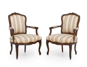 Pair of Louis XV Style Walnut Striped Linen Upholstered Fauteuils