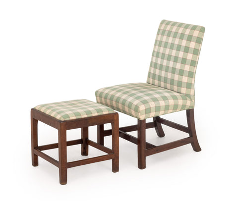 Sage Green and Off-White Checkerboard Linen Upholstered Wood Slipper Chair and Ottoman