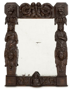German Renaissance Revival Carved Oak Framed Mirror