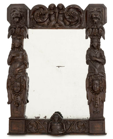 German Renaissance Revival Carved Oak Framed Mirror