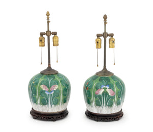 Pair of Chinese Cabbage Leaf Motif Famille Rose Porcelain Jars Mounted as Table Lamps