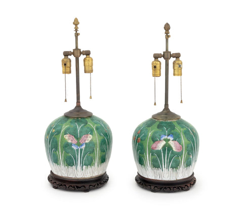 Pair of Chinese Cabbage Leaf Motif Famille Rose Porcelain Jars Mounted as Table Lamps