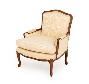 Louis XV Style White Silk Damask Upholstered Walnut Bergere