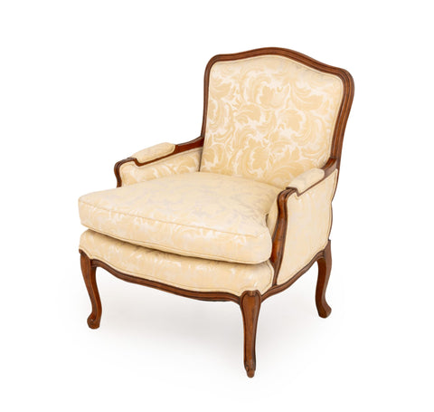 Louis XV Style White Silk Damask Upholstered Walnut Bergere