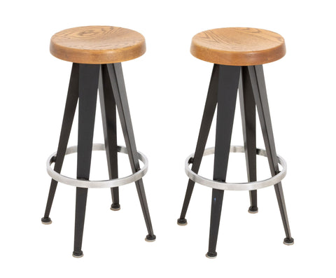 Pair of After Jean Prouve Circular Oak Seat Bar Stools