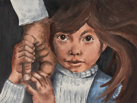 Signed Child Holding Hands Oil, 20th Century