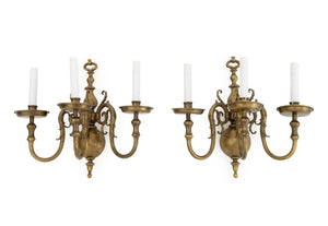 Pair of Dutch Style Bronze Three-Branch Wall Sconces