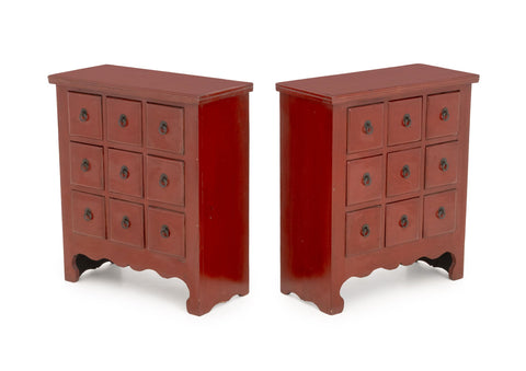 Pair of Chinese Style Red Painted Wood Apothecary Chests