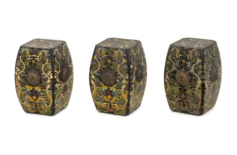 Set of Three Chinese Export Five-Clawed Dragon and Phoenix Motif Black Lacquered Stools