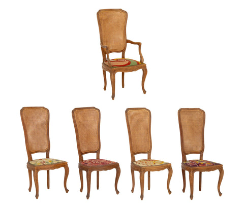 Set of Five Italian Provincial Style Cane-Paneled Walnut Dining Chairs