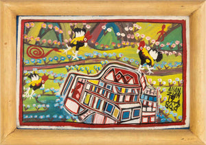 Allan Zion "Three Roosters" Oil on Masonite, 1980