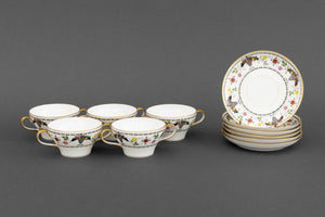 Limoges Porcelain Cream Soup Cup and Saucer Set, 11 Pieces