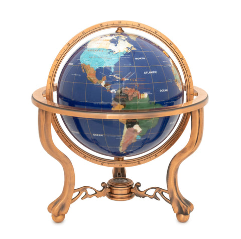 Modern Semi-Precious Stone Inlaid Revolving Globe on Copper Stand