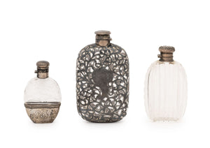 Collection of Three American Art Nouveau Silver and Cut Crystal Flasks