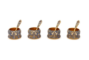 Set of Four Silver Gilt and Polychrome Enameled Open Salt Cellars and Spoons