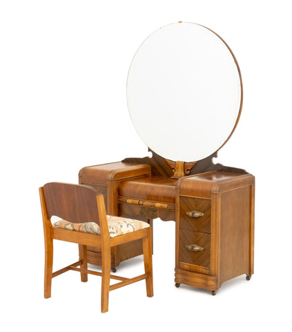 American Art Deco Mirrored Marquetry Inlaid Walnut Vanity and Chair