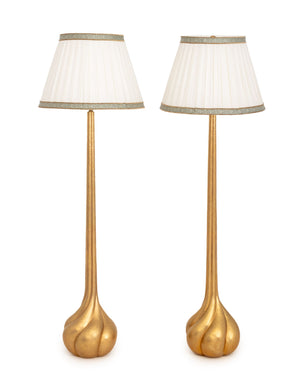 Pair of Robert Kuo Spiral Bulb Form Gilt Brass Floor Lamps