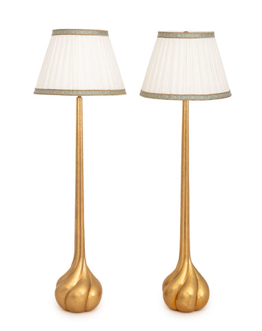 Pair of Robert Kuo Spiral Bulb Form Gilt Brass Floor Lamps