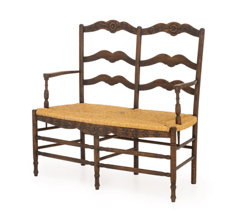 French Provincial Oak Settee, With Carved Floral Motif