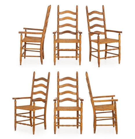Set of Six French Provincial Style Woven Rush Seat Oak Dining Armchairs
