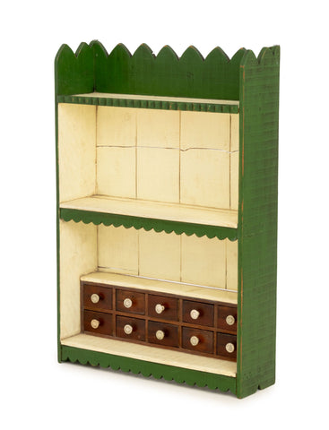 Country Farmhouse Green and Cream Painted Wood Wall-Hanging Open Spice Cabinet