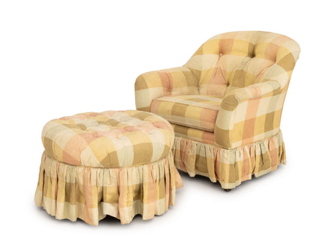 Ethan Allen Plaid Cotton Upholstered Arm Chair and Ottoman