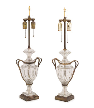 Regency Style Molded Glass and Brass Lamps, Pair