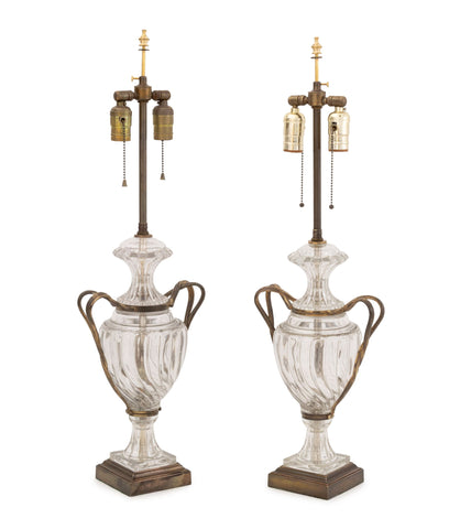 Regency Style Molded Glass and Brass Lamps, Pair