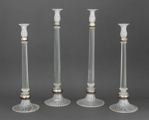 Set of Four Lorin Marsh Murano Clear Glass Silver Fleck Candlesticks