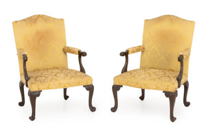 Pair of Late George II Mahogany Golden Silk Brocade Upholstered Armchairs