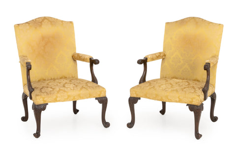 Pair of Late George II Mahogany Golden Silk Brocade Upholstered Armchairs