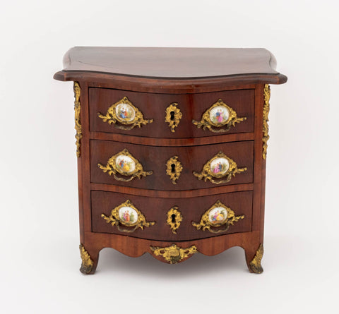 Louis XVI Style Porcelain and Gilt Metal Mounted Mahogany Diminutive Commode