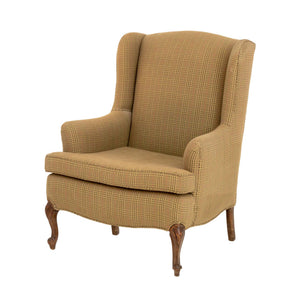 Queen Anne Style Beige Plaid Upholstered Wingback Arm Chair