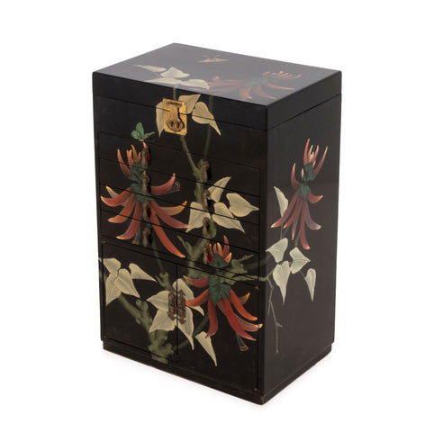 Chinese Floral Motif Hand-Painted and Black Lacquered Cabinet