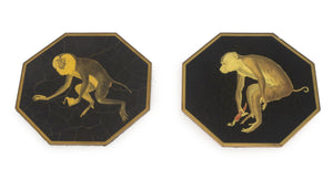 Two Monkey Decoupage Reverse Painted Octagonal Glass Plates