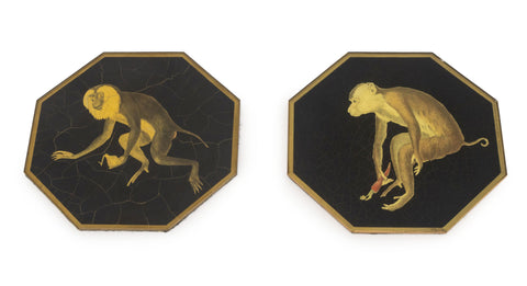 Two Monkey Decoupage Reverse Painted Octagonal Glass Plates