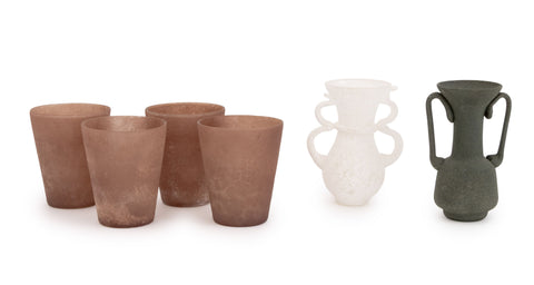 Group of Six Murano Scavo Art Glass Vases and Cups