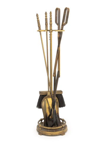 Set of Five Federal Style Brass and Wrought Iron Fireplace Tools